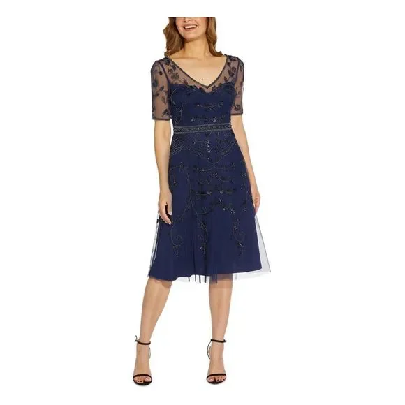Adrianna Papell | Dresses | Papell Studio Womens Navy Lined Short Sleeve  Below The Knee Fit Flare Dress | Poshmark